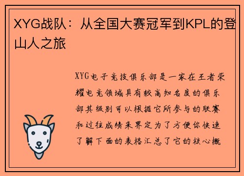 XYG战队：从全国大赛冠军到KPL的登山人之旅