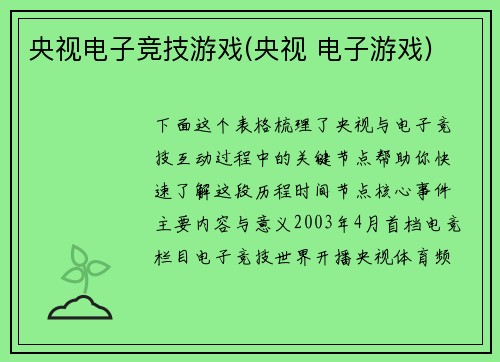 央视电子竞技游戏(央视 电子游戏)